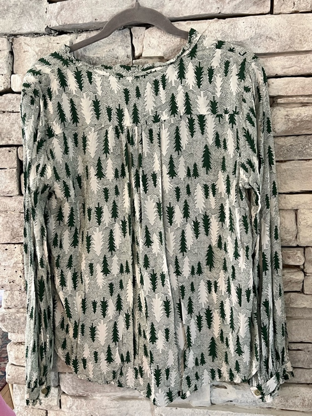 Anthropologie Green & Cream Tree Print Button-Front Blouse - Picture 3 of 3